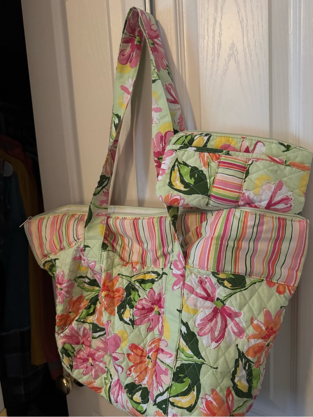 Floral Quilted Tote Bag with Matching Pouch - Pink & Green